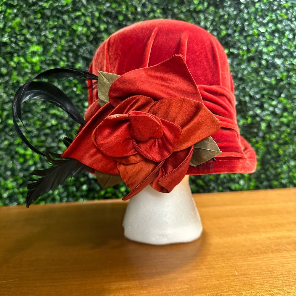 Vintage Style Red Velvet Cloche Hat Feather Flower Accent Flapper